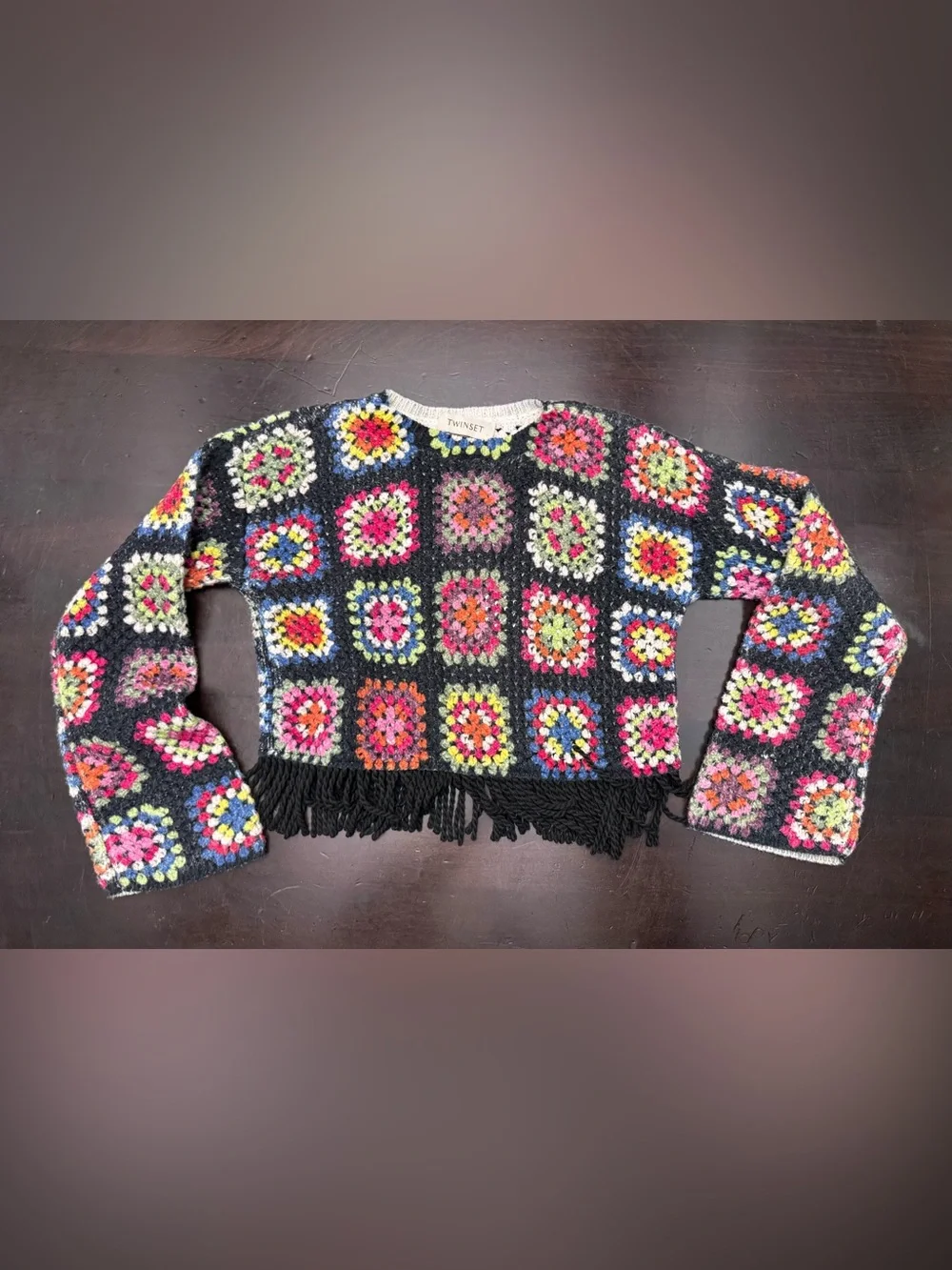 TWINSET Girls Size 8A Crochet Granny Square Fringe Sweater